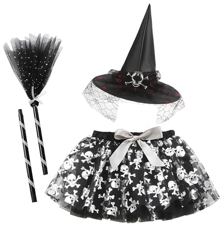 SKIPTHYBER Disfraz de bruja para niños, 3 piezas, falda tutú negra de Halloween, sombrero de bruja, escoba, traje de fiesta de cosplay, accesorios de disfraz de fiesta temática mágica, accesorios para