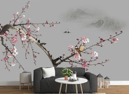 Carta Da Parati Uccelli in volo 3d Tessuto Non Tessuto Fotografia Sfondo Con Paesaggio Cinese Dipinto A Inchiostro Fiori Di Prugno Uccelli E Alberi 350cmx245cm Camera Da Letto Soggiorno Sfon