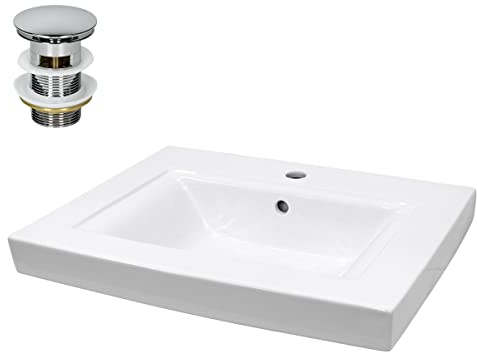 LuxeBath Waschbecken Keramik, Weiß, 605x465x160 mm, eckig mit Ablaufgarnitur Silber, Einbauwaschbecken mit Hahnloch/Überlauf, Aufsatzwaschbecken Einbauwaschtisch Waschschale Waschplatz Handwaschbecken