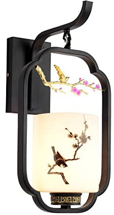 Applique da Parete in Stile Cinese, Lanterna Orientale Tradizionale, da da Parete in Metallo Nero con Vetro Bianco per Soggiorno, Ristorante, Arredamento per la casa