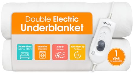 Abode Double Electric Blanket 90W White Heater with 3 Heat Settings, Preheat Function & Detachable Controls, 1.4m Power Cord & Machine Washable AEDB2002 (Double)