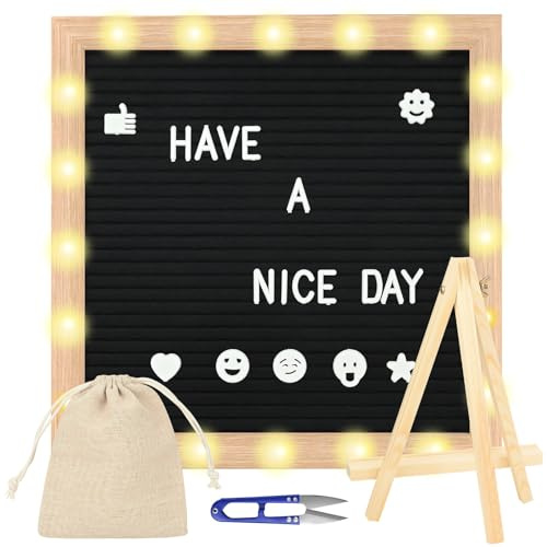 Light up Felt Letter Board, 10×10in Black Changeable Message Sign Board with Warm LED Lights & 340 Letters, Square Menu Board with Wood Stand, for Menus, Pregnancy Announcement, Home and Office Decor