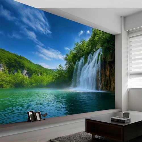 Tapete 3D Fototapete Landschaftsfotografie 400 x 280 cm, Vliestapete Wandbild Fototapeten Wasserfall See Wald Schlafzimmer Wohnzimmer TV Hintergrund Wand Moderne Wanddeko