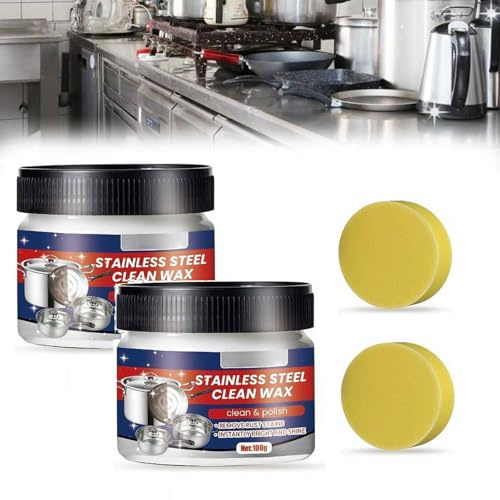 2 Stück Edelstahl Reiniger - Kratzerentferner Paste mit Kokos Poliercreme für Geräte, Kochgeschirr & Metall - Entfernt Flecken, Rost, Öl - Stellt Glanz wieder her