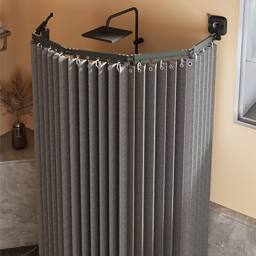 Generisch Faltbarer Duschvorhang Anti Schimmel mit Duschvorhangstange L/U Form und Saugnapf, Duschvorhang Ohne Bohren, Leinen Textil, Wasserdicht für Eckdusche, Shower Curtains,Dark Gray,4 Folds