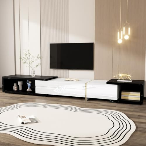Generisch Meuble TV moderne avec longueur variable (140-260 cm), fonction pivotante, look marbre blanc, finition noir brillant mat et ornements dorés,Blanc