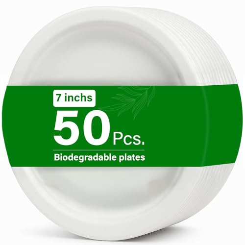 50 Pack 7 Inch Extra Strong Bagasse Plates Made From 100% Natural Sugarcane Fibre Compostable And Biodegradable Eco Friendly Plates, Oil And Cut Resistant, Perfect For Parties And Picnics
