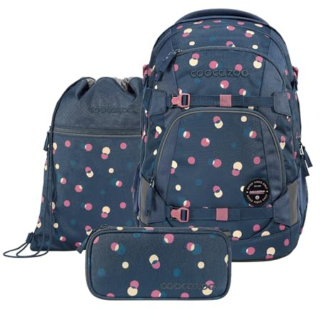 Coocazoo Schulrucksack-Set MATE „Bubble Dreams“ 3-tlg., schwarz, ergonomischer 30L Tornister, höhenverstellbar mit Hüftgurt für Kinder ab der 5. Klasse, inkl. Federmäppchen und Turnbeutel