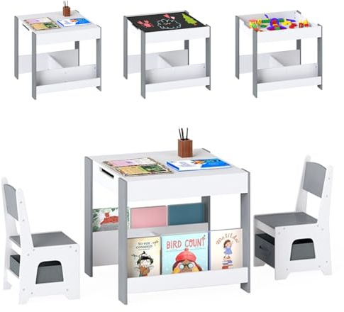 LIFEZEAL Kindertisch mit 2 Stühlen, 3 in 1 Maltisch & Aktivitätstisch & Tafeltisch mit Kinderstuhl, Multifunktionale Kindersitzgruppe Sitzgruppe Holz mit Stauraum (Hellgrau)