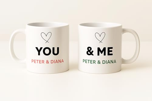Pet-Jos Set di tazze da 2 pezzi, tazze personalizzate con nome, tazze da caffè in ceramica per coppie, regalo per lui e per lei, coppia