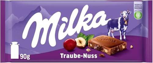 Milka Trauben und Haselnüsse – Alpenmilch-Schokoladentafel mit Haselnussstückchen und Rosinen – 90g (Packung mit 5)