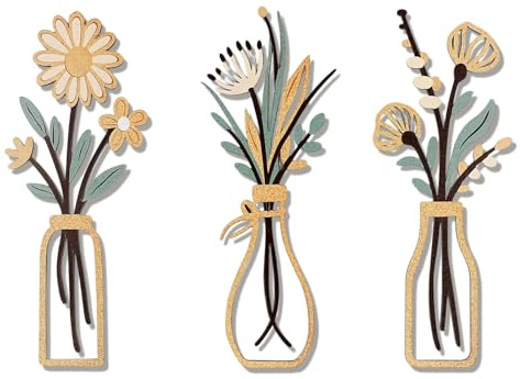 Qubitly 3 Pcs Yellow Iron Vase Wall Art Decoration, Creative Flower Design Living Room, Durable Wall Decoration For Living Room, Home Decor For Bedroom Kitchen Hallway