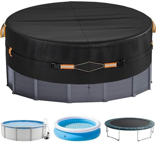 KEAGAN Runde Poolabdeckung 305 cm/10 ft, 420D Oxford Poolplane, Wasserdicht & UV-Beständig, Pool Abdeckplane mit Reflektoren & Griffen, Allwetter-Schutz für Rahmenpools & Whirlpools