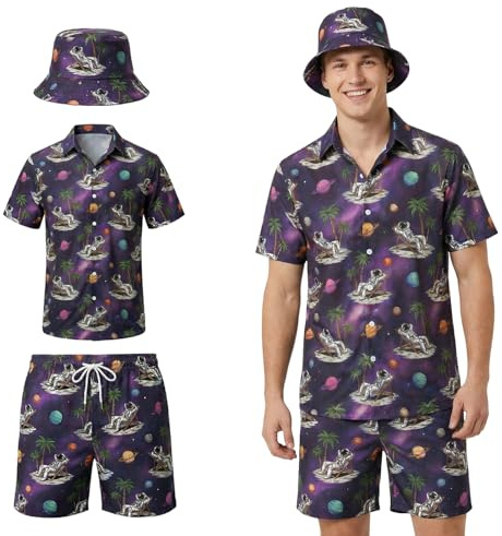 Joyesplay Camicia hawaiana da uomo, 3 pezzi, vestito hawaiano, da uomo, con fenicottero, camicia da pescatore, camicia hawaiana, per l'estate e la spiaggia, per feste in piscina, Astronauta, L