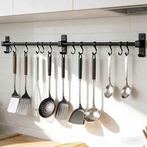 WJUAN Hakenleiste Küche 80 cm, Aluminium, Schwarz, Stange für Küchenutensilien, Multifunktionales Küchenreling mit 12 Verstellbaren Haken für Suppenkellen, Schneidebretter, Scheren