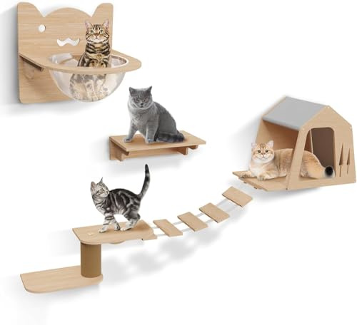 Kletterwand Katzen aus Holz, 7-teilige Katzenwand mit 3 Plattformen, Katzenbrücke, Katzenhaus, Katzenbett, Katzenhäuser bis zu 15 Kg Katzen