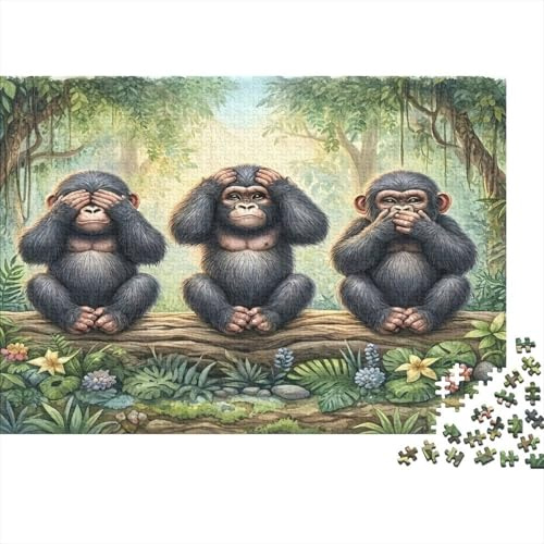 DREI Affen Dschungel Puzzle 1000 Teile aus hochwertigem Papier & recycelter Pappe, dekorativ, einzigartig, DREI Affen, für familiäre interaktive Spiele, 52x38cm/1000 Teile
