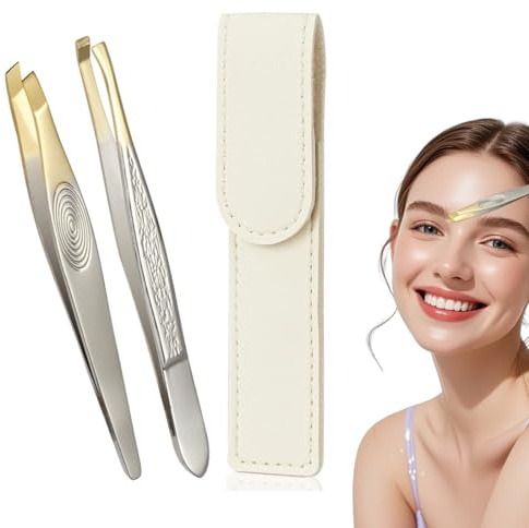 MKEAWWU 1 Estuche + 2 Pinzas Depilar Acero Inoxidable 9Cm Dorado - Punta Bisel Y Plana Profesionales Cejas