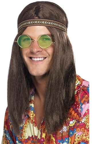 Smiffys Herren Hippie-Kit, mit Stirnband, Brille und Halskette Halloween