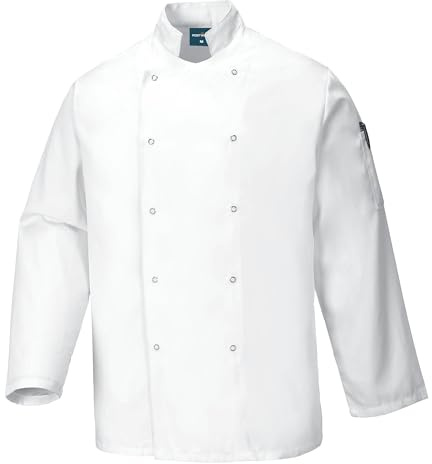 Portwest C833 Veste de Cuisine Homme et Femme Suffolk Unisexe Col Mao Manches Longues Veste Cuisinier Professionnelle Tenue de Cuisine Restauration Chef, Blanc, L