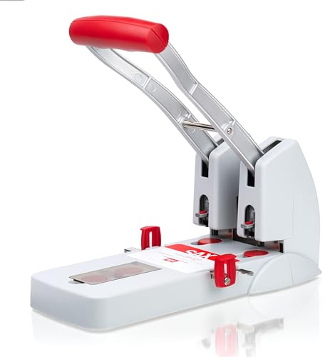 SAX 908 Starklocher - bis 150 Blatt, 2-/4-fach Locher, Bürolocher mit verstellbarer Lochmechanik, ergonomischem Griff & Kunststoffscheiben-Aufbewahrung, Metallgehäuse, Grau/Rot
