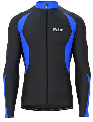 FDX Men’s Thermal Cycling Jersey, Water Resistant, Lightweight, Super Roubaix Fabric, Windproof Winter Cycle Top, Full Zipper, Long Sleeve Bicycle Riding Shirt, Running, Bike (Black/Blue, Large)