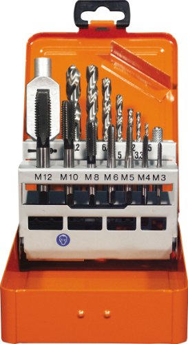 Projahn 91013 Einschnitt Gewindebohrer Satz 15-tlg., Gewindebohrer für Maschinen- und Handgebrauch, Kernlochbohrer und Windeisen, HSS-G, in sieben Größen in Metall-Kassette (M3 - M12)