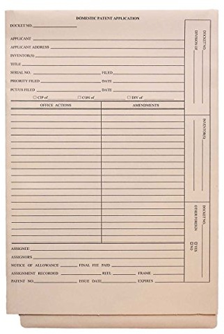 Patent and Trademark Folder, End Tab for Shelf Filing, Manila - Domestic Patent Application (Box of 25)