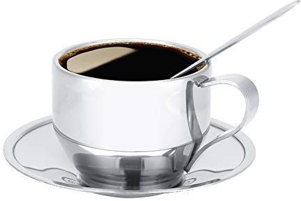 Zerodis Ensemble de Tasses à Café à Double Paroi en Acier Inoxydable Tasse à Lait Cappuccino Expresso avec Cuillère et Soucoupe
