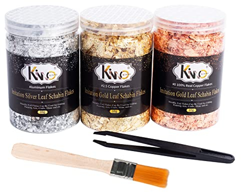KINNO Imitation Gold Flocken Set Dekorfolie zum Basteln Künstlerbedarf zum Vergolden Malerei und DIY Kunsthandwerk Gold+Silber+Rot.(Mit Pinzette und Pinsel)