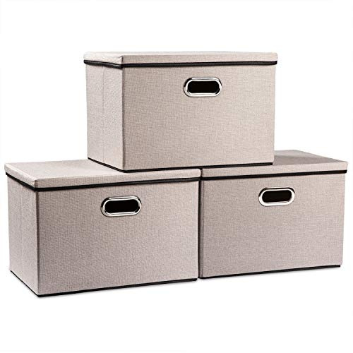 Prandom Caja de almacenamiento grande plegable con tapa[Paquete de 3],cajas almacenaje decorativas,Contenedor organizador de lino con asa,Gris Claro(43x30x30cm)