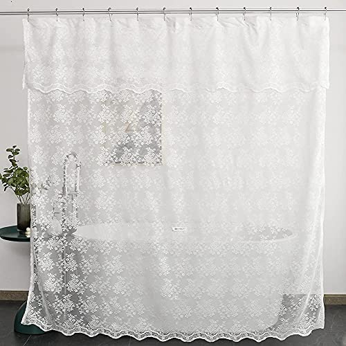 YJ YANJUN White Lace Shower Curtain - Victorian Shower Curtain with Attached Valance, Floret Lace Shower Curtain for Bathroom Scalloped Edge, 72 x 72 Inch, 1 Panel