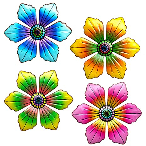 SUNNEKO 4 Stücke Metall Blumen Deko Blumen Wandtattoo Garten Balkon Wanddeko Wand Gartendeko Wohnzimmer Dekoration gartendekoration wanddekoration Skulptur Statuen Home Dekorationen Outdoor-Zaun