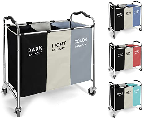 Wäschekorb 3 fächer, 240l Wäschesammler, Wagen mit Rollen, 40 x 76 x 89 cm, großer Wäschekorb für schmutzige Kleidung, in Waschküche, Badezimmer, Schrank-Organizer und Aufbewahrung, Weiß