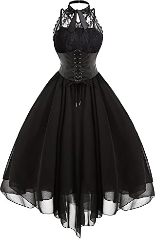 kinstell Robe femme sans manches gothique corset vintage floral dentelle cocktail formel Halloween punk hippie robes, noir, L