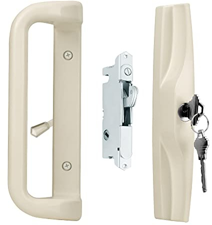 House Guard Beige Sliding Glass Door Handle Set with Lock and Key | Fits 3-15/16 in screw holes; keyed mortise lock, reversible, for 1.25 to 2.25 in doors
