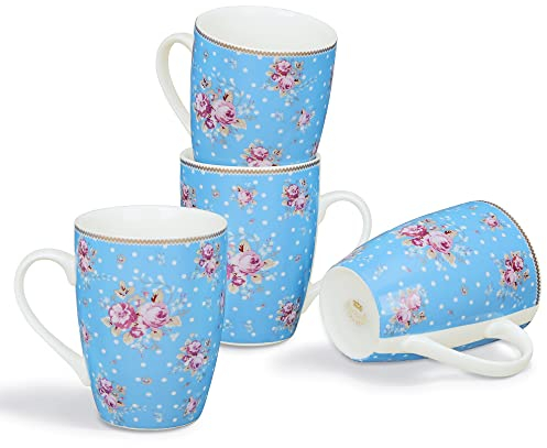 fanquare 350ml Juego de Tazas de Café de Porcelana Floral con Asa, Grande Tazas de Té Azul y Blanca, Juego de 4