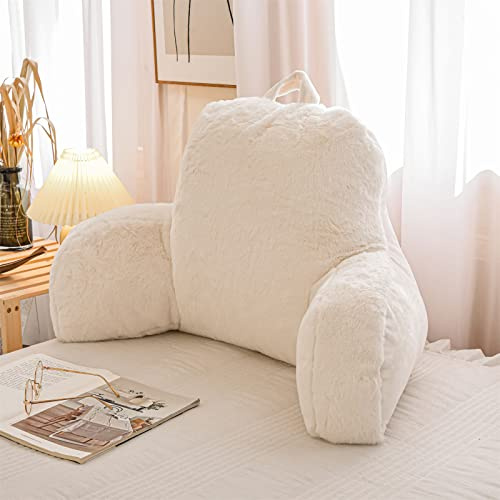 A Nice Night Faux Fur Reading Pillow Bed Wedge Large Adult Children Backrest with Arms Back Support for Sitting Up in Bed/Couch for Bedrest,Ivory,Large