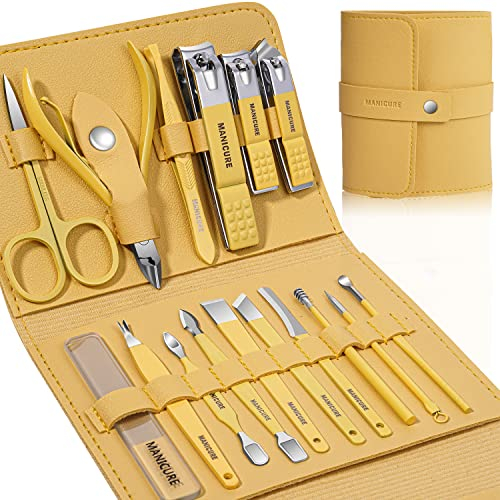 Leipple 16-teiliges Maniküre-Set aus Edelstahl, Pediküre-Set, professionelles Pflegeset mit tragbarer Ledertasche, für Frauen und Männer, Geschenk für Nägel (gelb)