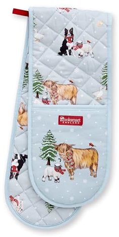 Cooksmart Double Oven Gloves | Modern Heat Resistant Oven Mitt & Potholder for Home Cooking - Christmas on the Farm, White