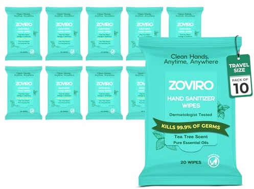 Zoviro Hand Sanitizer Wipes, Moisturizing With Tea Tree Essential Oil, Ultra-Soft 100% Viscose, Hand Wipes Travel Size, Tea Tree Scent, 20 Count (Pack of 10)