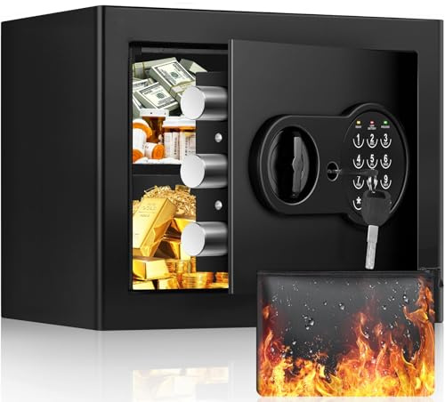 Mitlvge 0.9 Cuft Small Safe Box, Money Safe with Removable Shelf, Fireproof Waterproof Bag and Programmable Keypad, Home Safe with Smart Alert and Wall Mount Kits for Money, Jewelry and Documents
