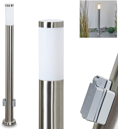 HOFSTEIN Wegeleuchte Sessa, Außenwegeleuchte mit 2 Steckdosen aus Metall/Kunststoff in Nickel-matt/Weiß, moderne Außenleuchte für Garten, Außenbereich, Hof, Terrasse, Höhe 110 cm, E27, IP44