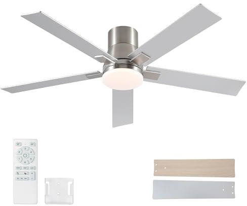 52 Inch Ceiling Fans with Lights and Remote,Flush Mount Brushed Nickel Ceiling Fan,6 Speed Reversible DC Motor, 3CCT Dimmable LED-Low Profile Design for Bedroom, Living room & Covered Outdoor
