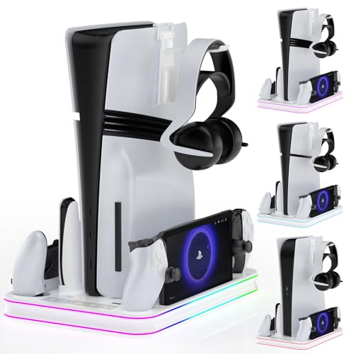 Aceshop PS5/PS5 Slim/PS5 Pro Stand con Ventilador de Enfriamiento, Soporte PS5 Vertical con Luz RGB Base de Carga PS Portal y Controlador de Doble Sentido/Borde Sccesorios Delgados P5/P5 Slim/P5 Pro