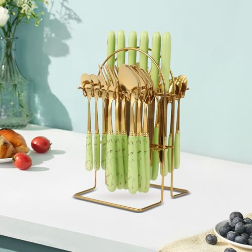 Shiyinge 24-Piece Stainless Steel Dinner Cutlery Set With Stand Metal Rack Storage Knives Spoons Forks Teaspoons for family restaurants kitchens restaurants hotels parties etc (Yellow Green handle)