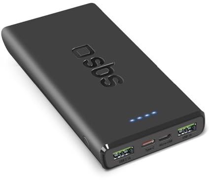 SBS PowerBank 10K Fast, 22.5W Power Delivery, 10.000mAh, Power Bank con Carga rápida, LED de Carga, USB-C, USB-A, Cargador portátil de Viaje, diseño Compacto, Negro