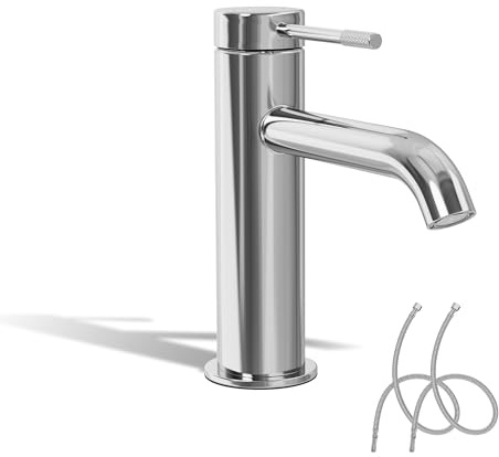 ALPHA HOME Wasserhahn Bad, Waschtischarmatur mit Anschlussschlauch Waschbecken Armaturen Chrom Matt - Edelstahl Wasserarmatur mit Auslauf Höhe 86 mm für Gäste WC, Wasserhahn für Badezimmer