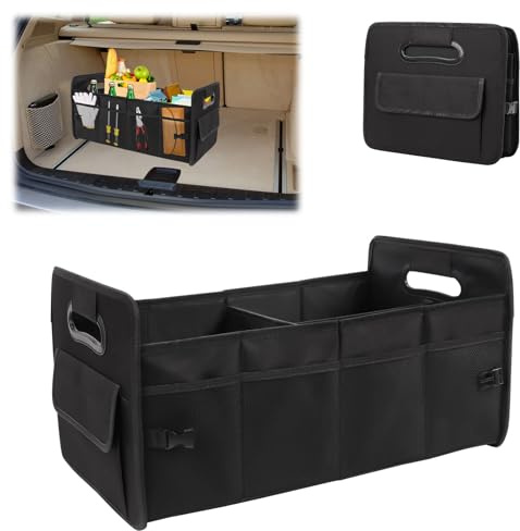 Kofferraumtasche Faltbar, Kofferraum Box Faltbar mit 3 Fächern Auto Zubehör Kofferraum Organizer mit Tragegriffe Auto Organizer Kofferraum Camping, Praktischer für Limousine, LKW, Minivan (Schwarz)
