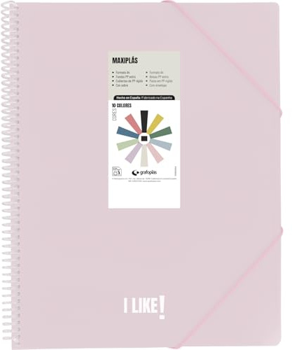 Grafoplas - A4 plastfoliepärmar, like, mjukt rosa, 20 genomskinliga fodral, PVC-spiral, perfekt för arkivering av skol- och kontorsmaterial